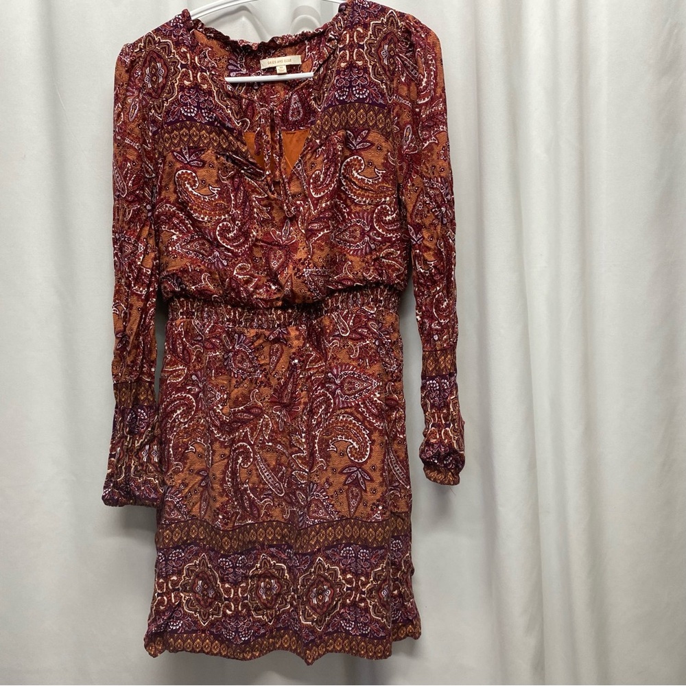 Skies are blue dress womens medium boho paisley Vneck neutral colors long sleeve